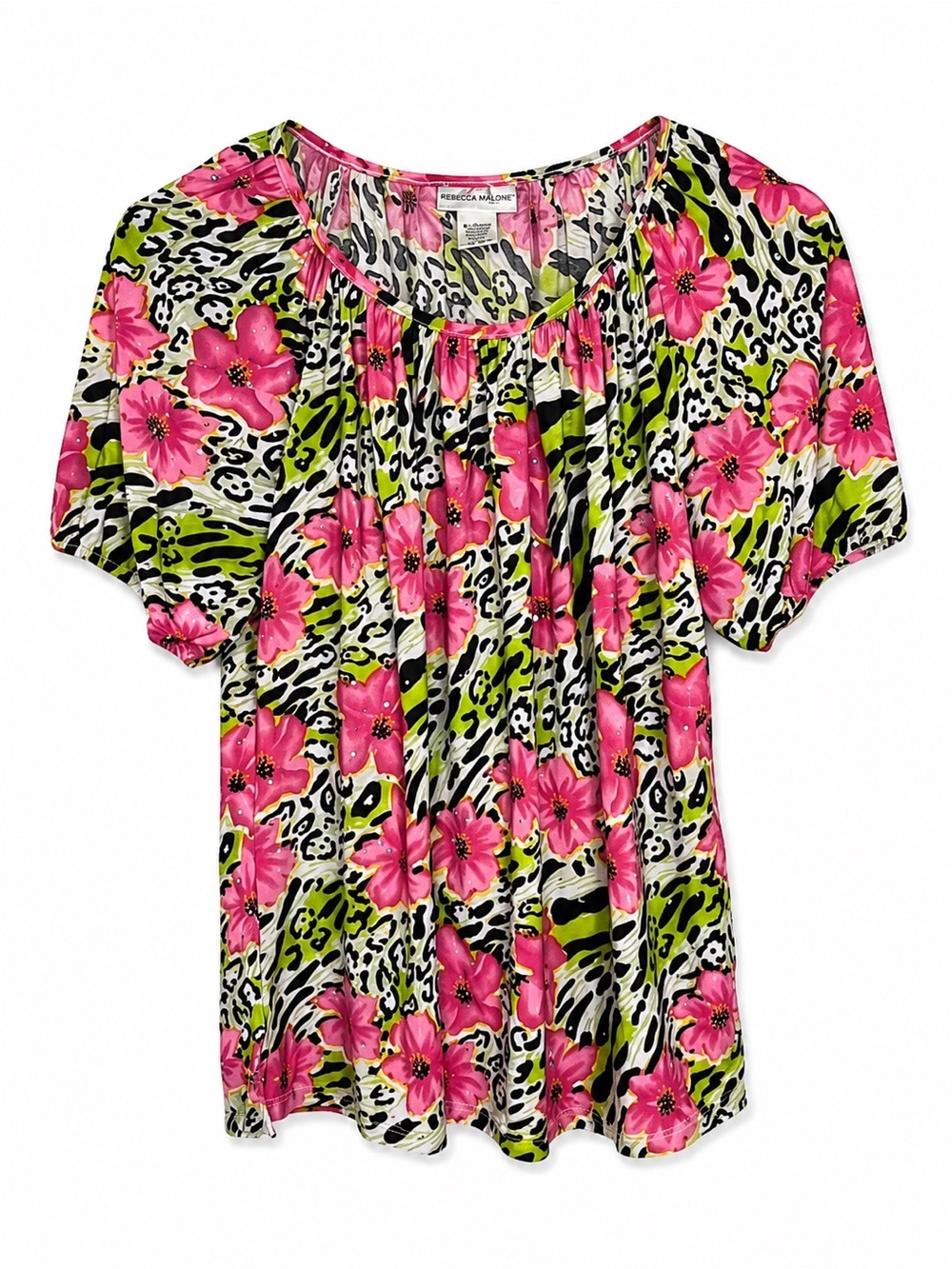 Rebecca Malone Pink Green Floral Animal Print Sequin Top Size M